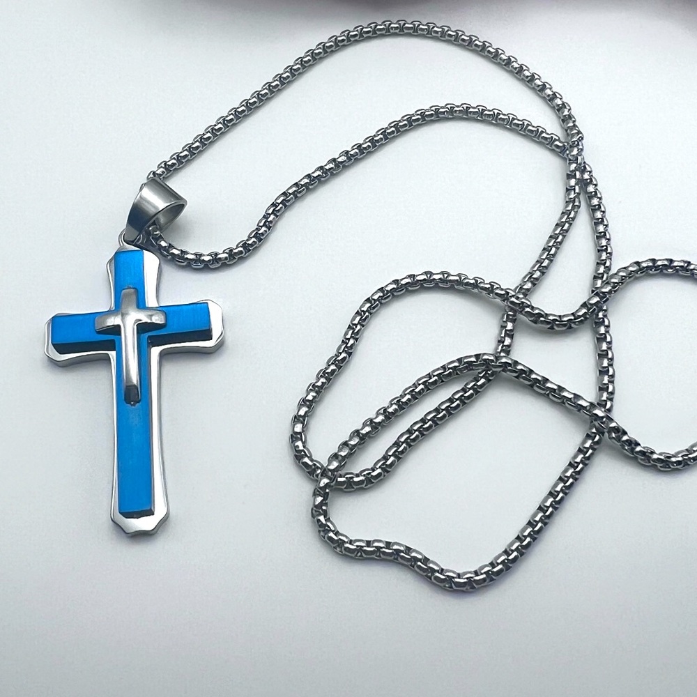 Blackjack, Stainless Steel Blue Cross Pendant Necklace